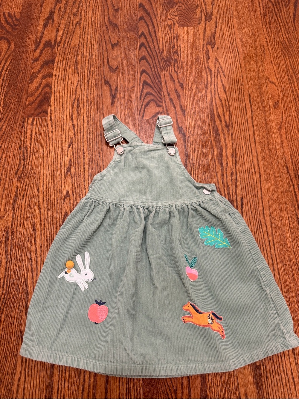 Marks & Spencer Sage Green Corduroy Pinafore Dress with Animal & Fruit Appliqués